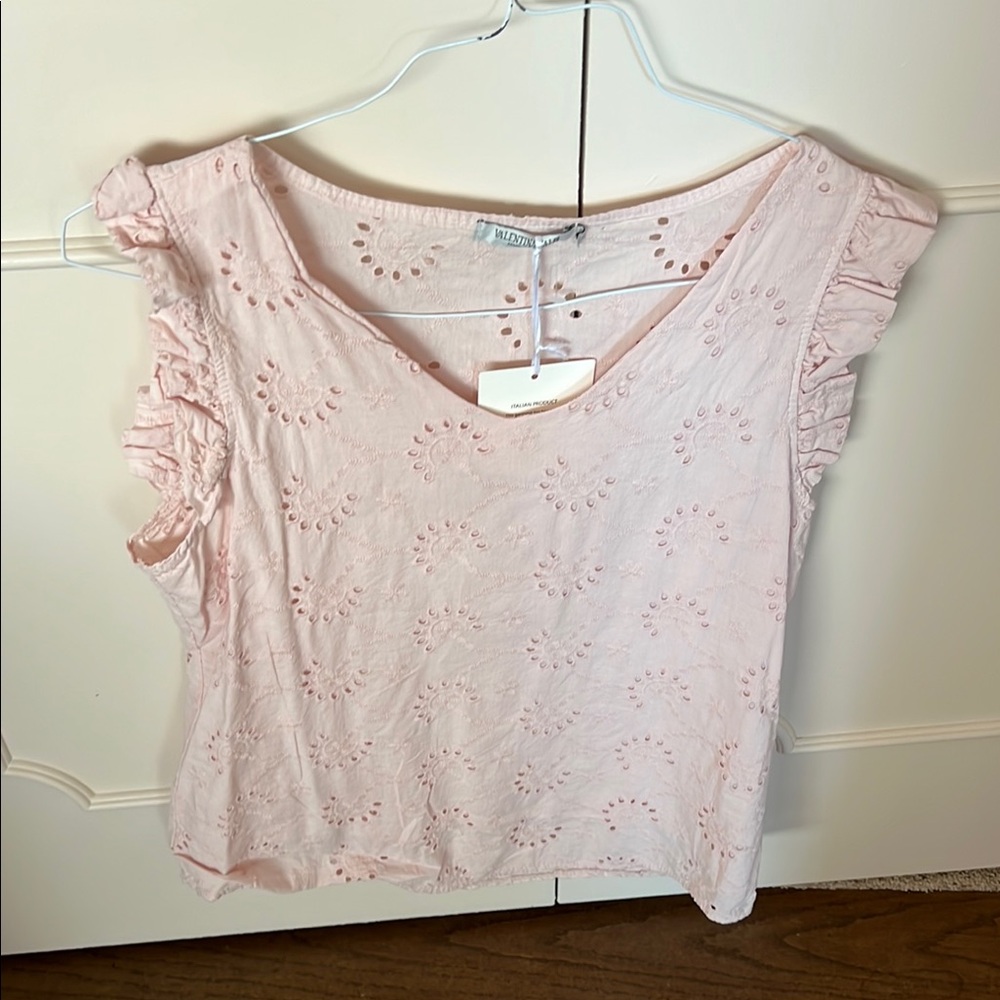 NWT Light Pink Eyelet Blouse with Ruffle Sleeves